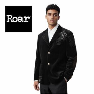 Roar Men's Black Velvet Blazer with Embroidered Details - Size M
